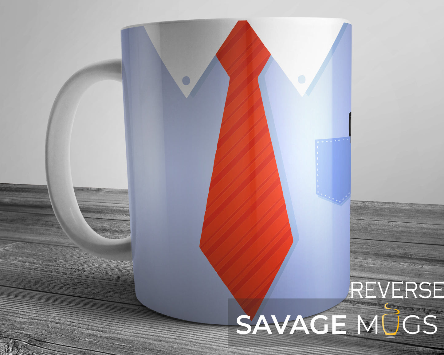 White ceramic mug with shirt and red tie design for dads