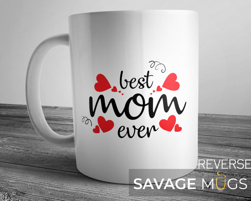 White ceramic mug with Best Mom Ever text and red heart design perfect for Mother's Day gift