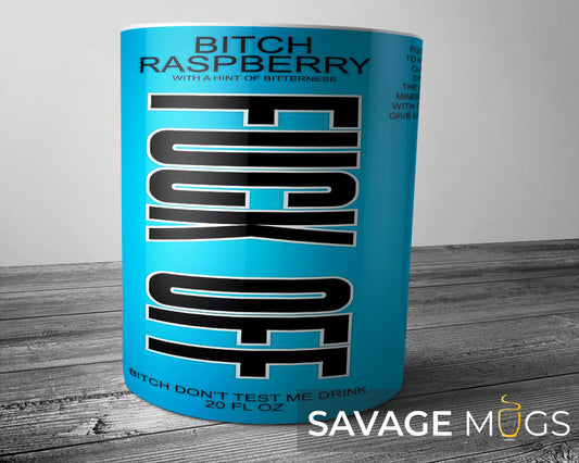 White ceramic mug with bold blue label style design reading Bitch Raspberry with a hint of bitterness