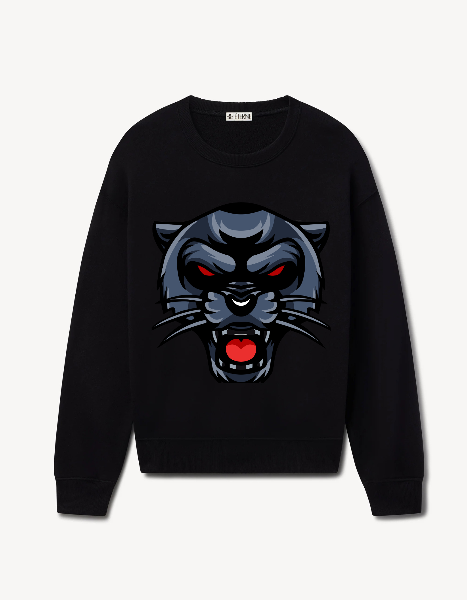 Black sweatshirt featuring a minimal panther face with red eyes and open mouth graphic