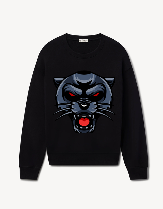 Black sweatshirt featuring a minimal panther face with red eyes and open mouth graphic