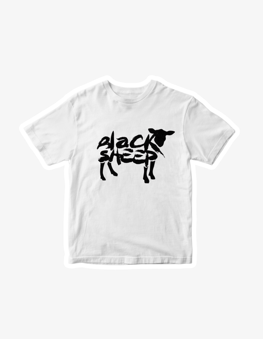 White T-shirt with black sheep graphic and bold brush style text design