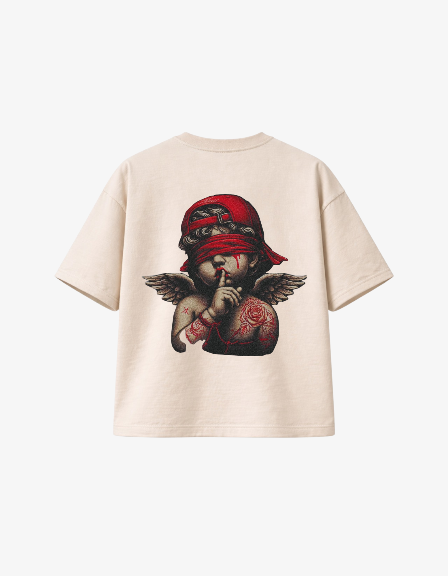 Beige 300 GSM boxy fit T-shirt with blindfold angel tattoo style graphic printed in South Africa