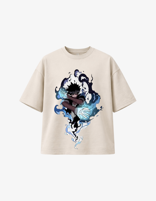 Beige 300GSM boxy T-shirt featuring anime character with blue flame effects and bold streetwear graphic design