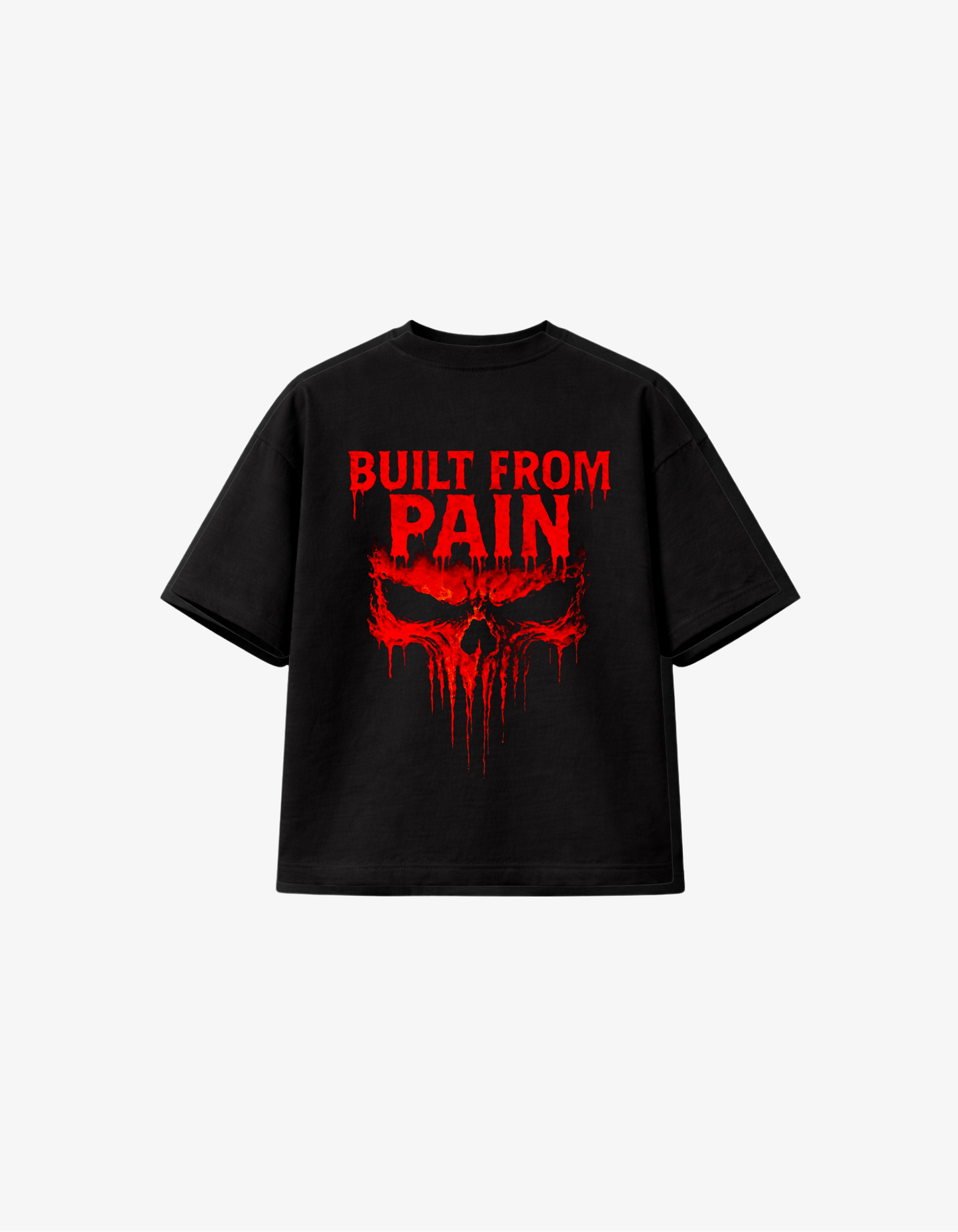 Black 300 GSM boxy fit T-shirt with bold red dripping skull and Built From Pain graphic design printed in South Africa