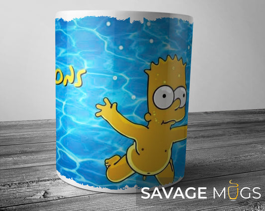 White ceramic mug with cartoon troublemaker inspired character reaching for floating money in a pool