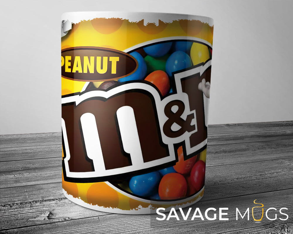 White ceramic mug with colourful candy coated chocolate design