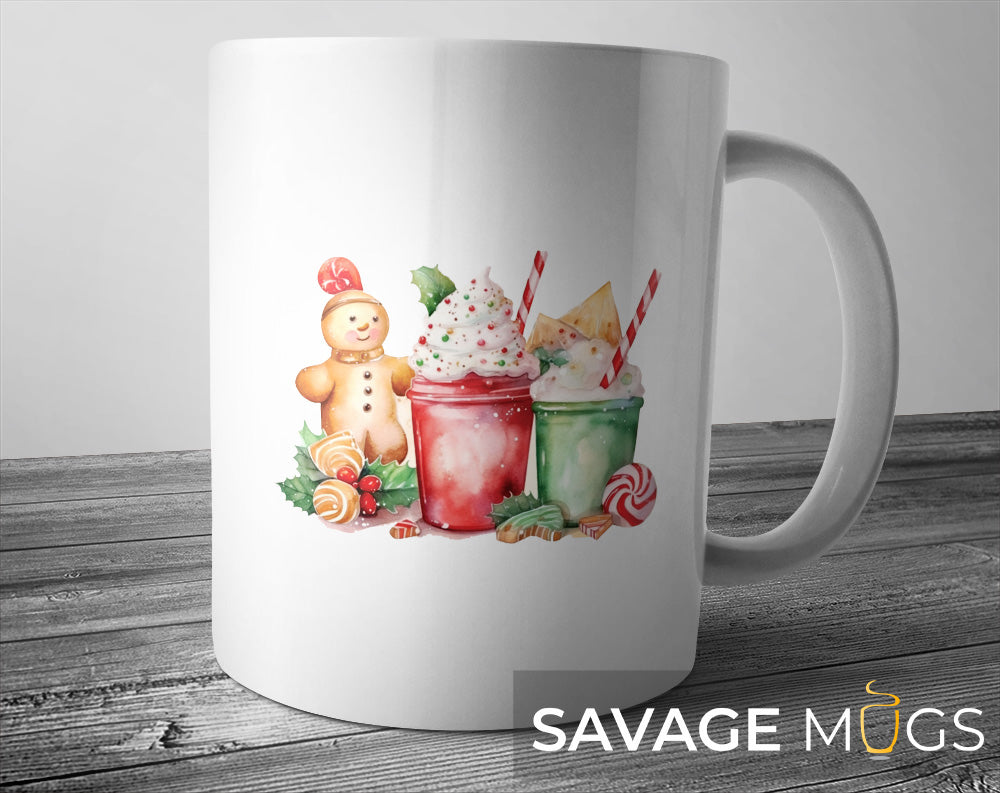 White ceramic mug with gingerbread cookie and festive holiday milkshake illustration