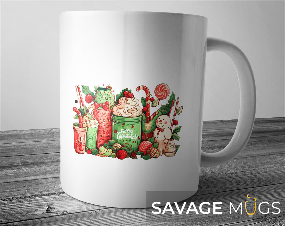 White ceramic mug featuring festive Christmas milkshakes candy canes and gingerbread cookie design