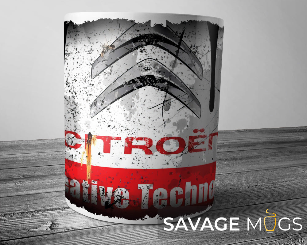 White ceramic mug with Citroën logo and vintage grunge automotive design