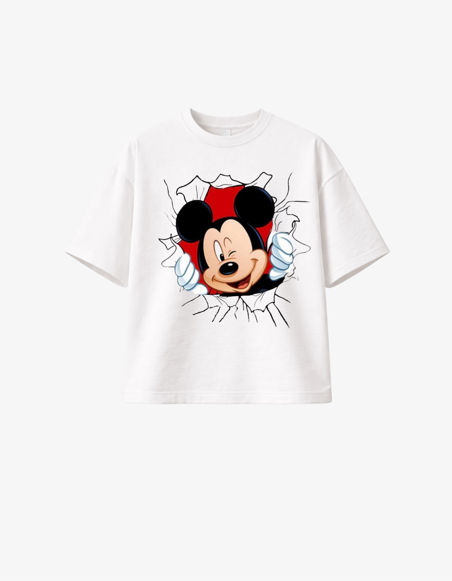 White 300 GSM boxy fit T-shirt with classic cartoon mouse character graphic breaking through design