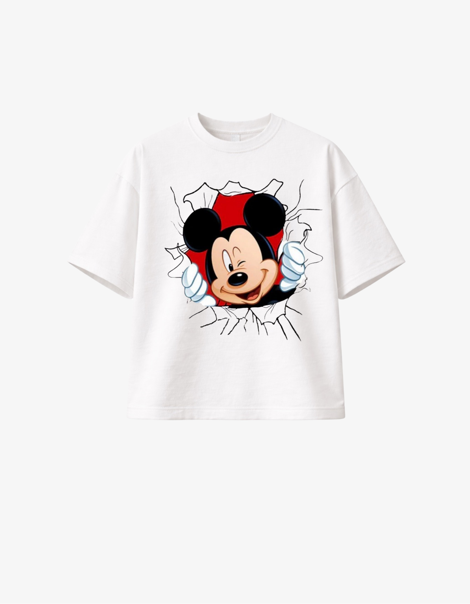 White 300 GSM boxy fit T-shirt with classic cartoon mouse character graphic breaking through design
