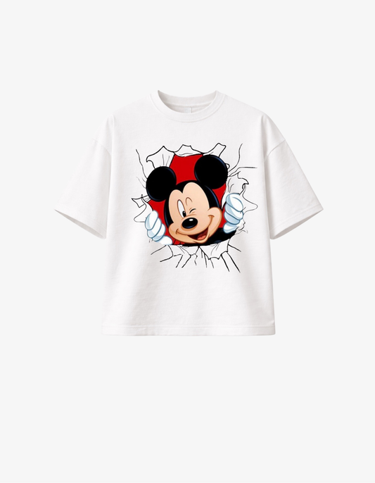 White 300 GSM boxy fit T-shirt with classic cartoon mouse character graphic breaking through design