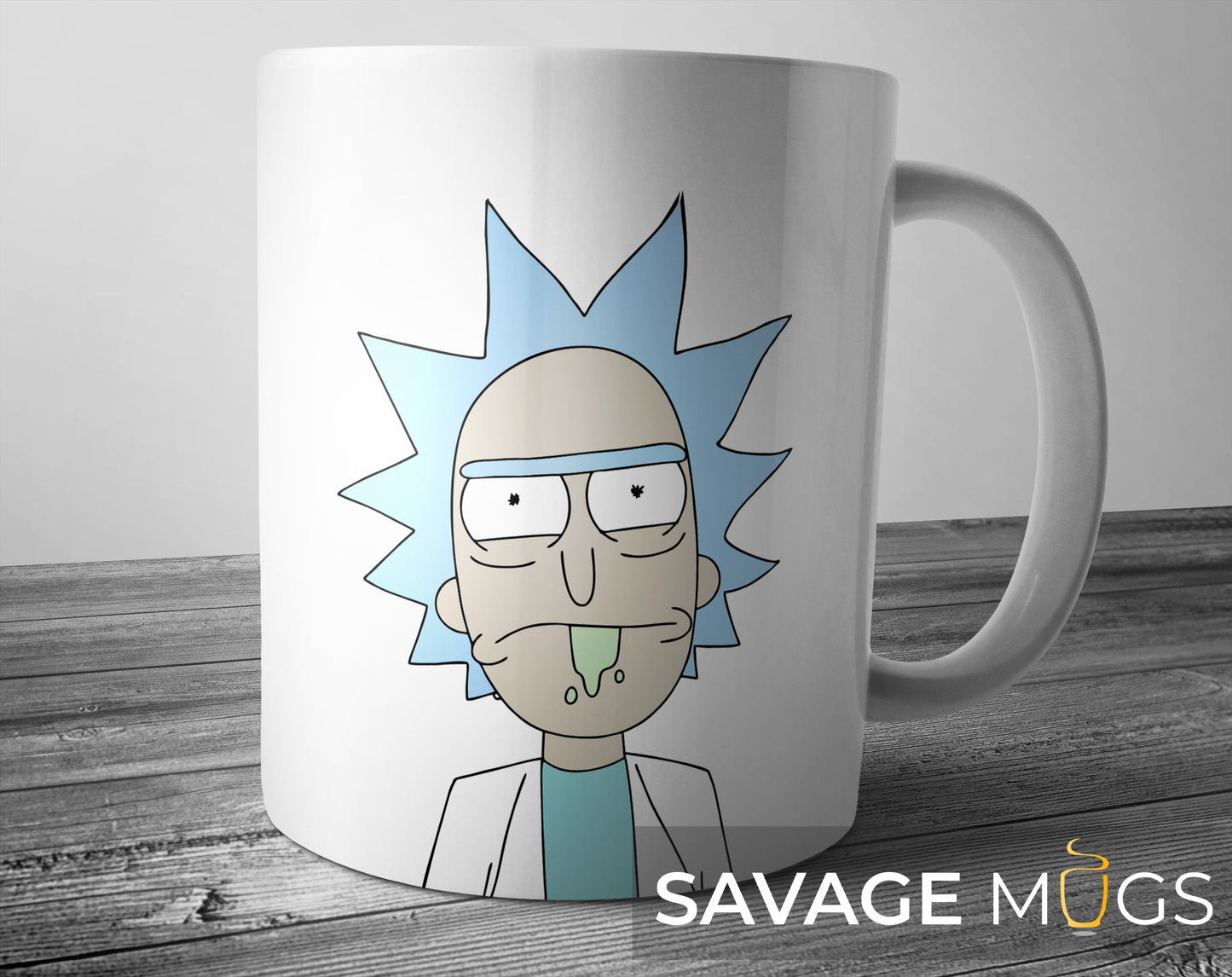 White ceramic mug featuring a minimalist Rick cartoon face design