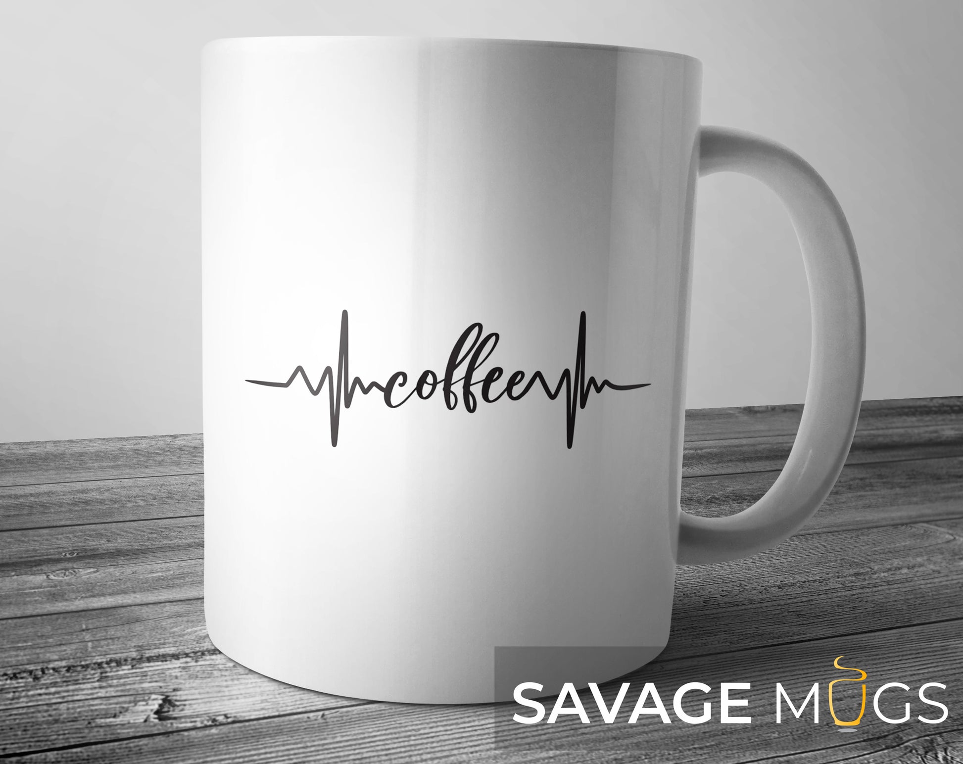 White ceramic mug with minimalist heartbeat pulse line design forming the word coffee