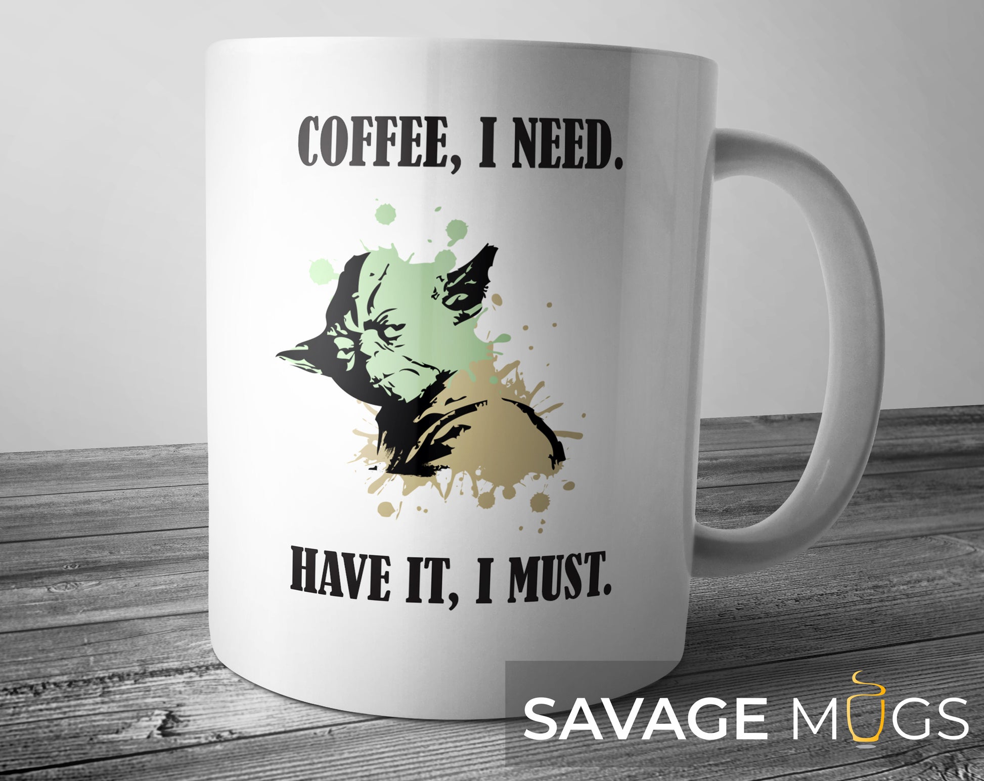 White ceramic mug with wise green master inspired design and funny coffee quote