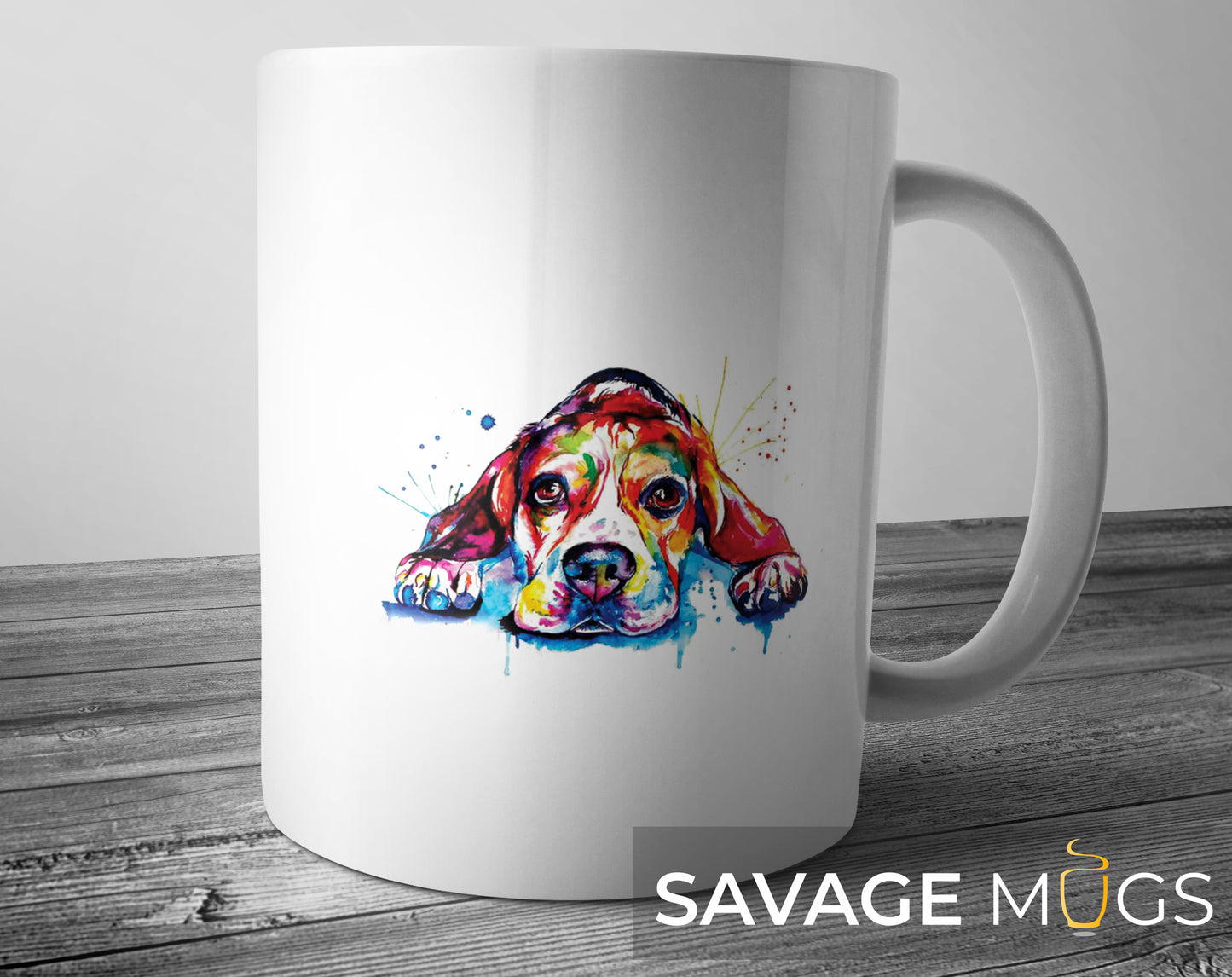 White ceramic mug featuring colorful watercolor beagle dog artwork resting its head