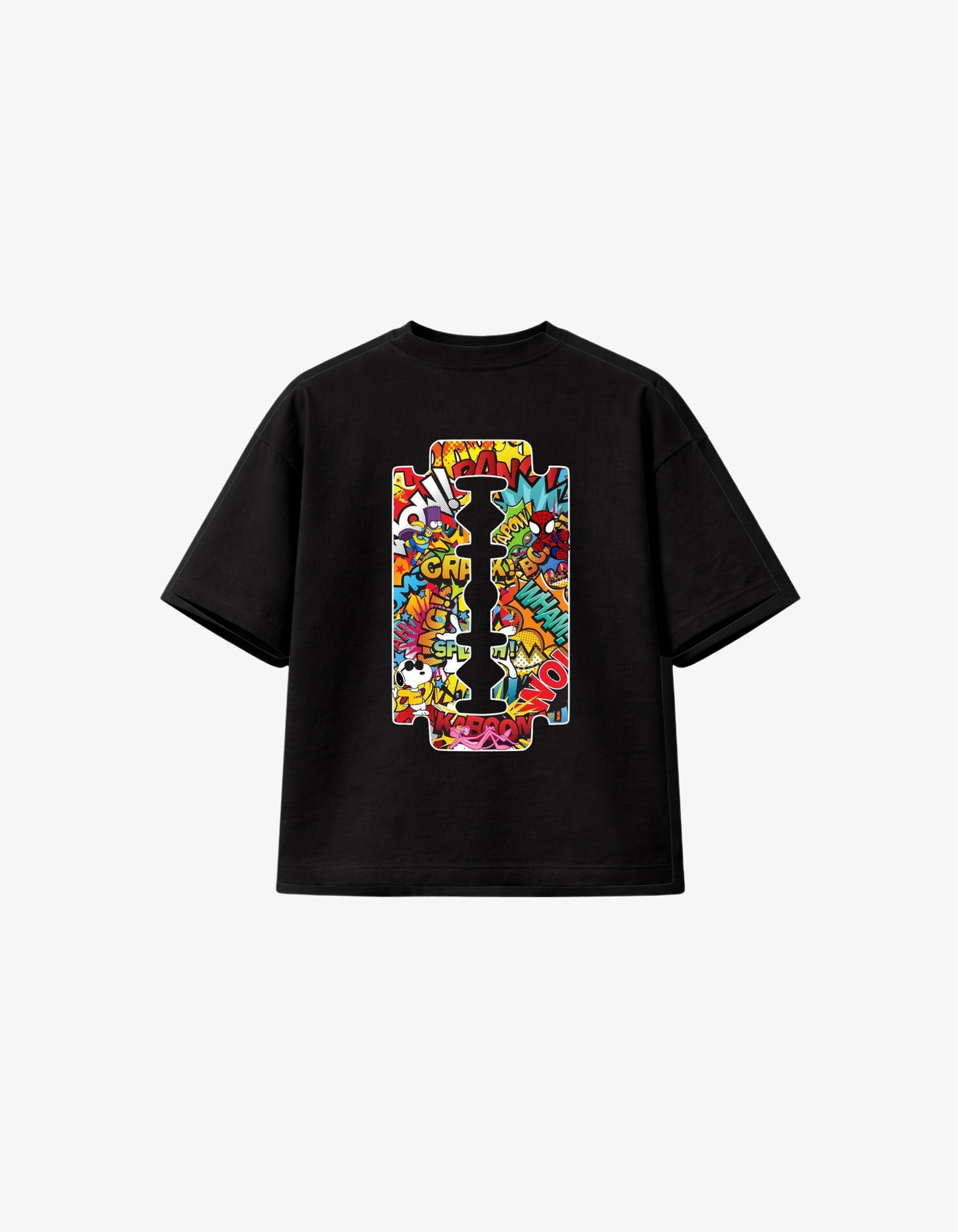 Black 300 GSM boxy fit T-shirt featuring colourful comic pop art background with bold razor silhouette graphic printed in South Africa