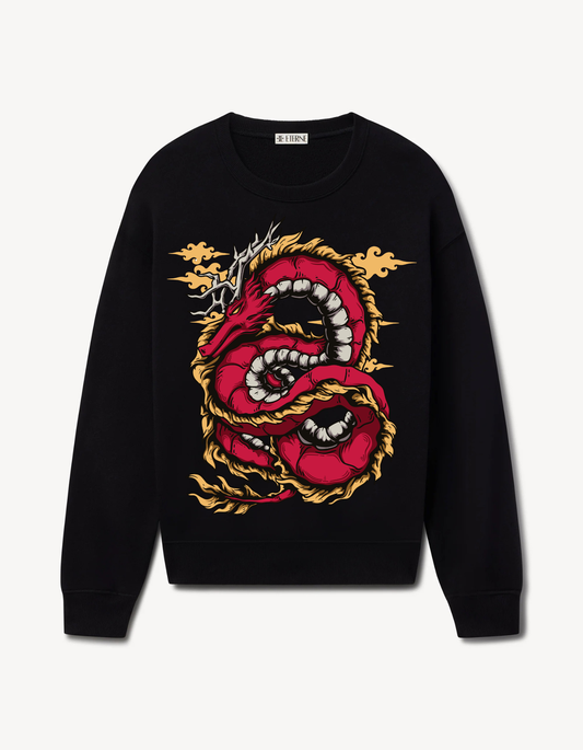 Black sweatshirt featuring bold red and gold dragon graphic design in a modern streetwear style