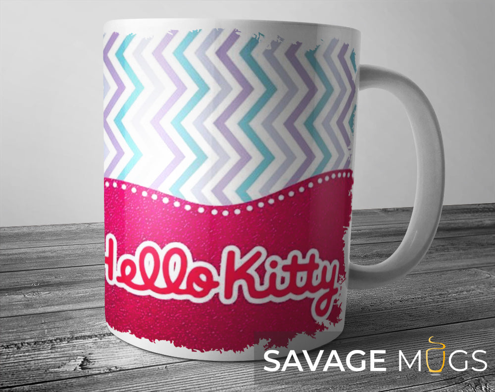 White ceramic mug with cute kitty inspired kawaii pastel design