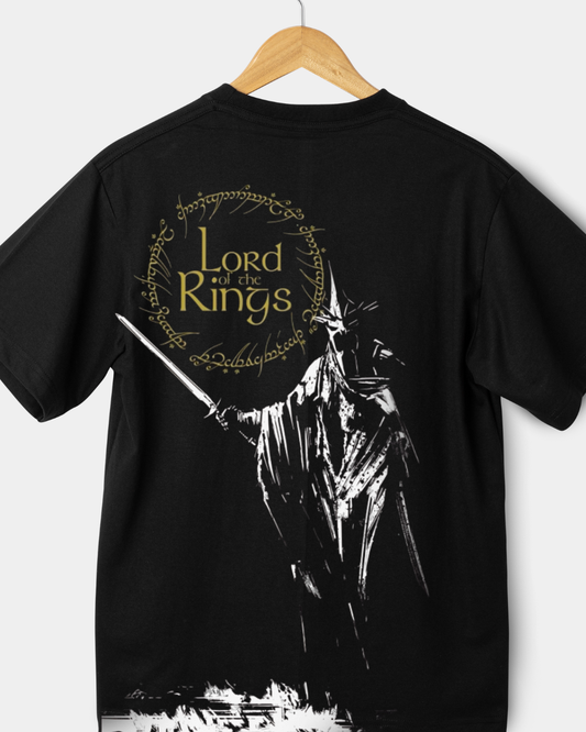 Black fantasy t-shirt featuring dark lord figure with sword and circular script design in gold and white