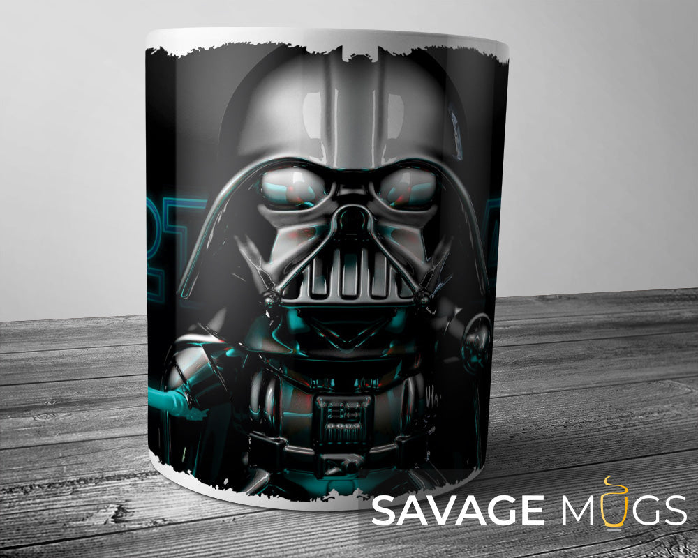 White ceramic mug featuring dark space villain inspired helmet design in neon sci-fi style