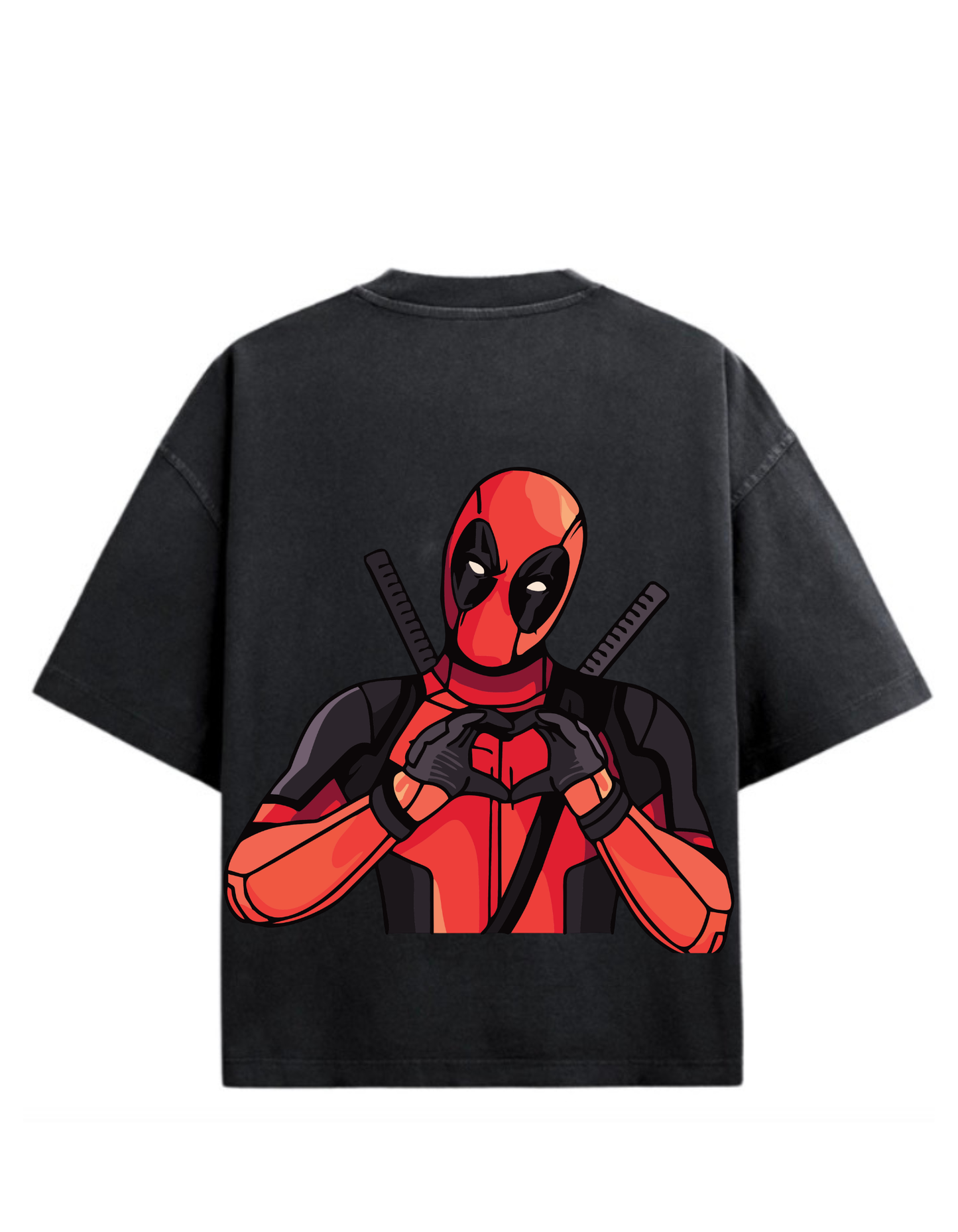 Black heavyweight boxy T-shirt with Deadpool heart hand gesture graphic