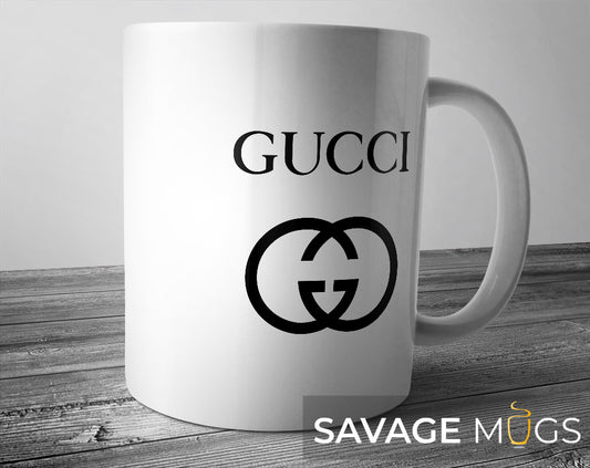 White ceramic mug with minimalist double logo style designer inspired design