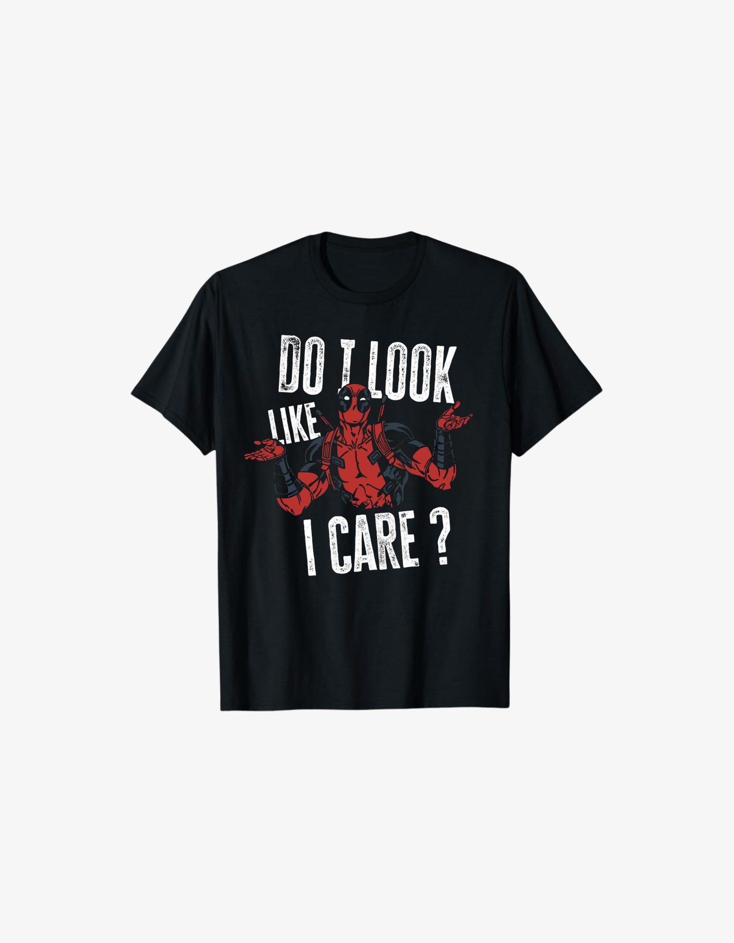 Black cotton T-shirt with comic style character shrugging and text reading Do I Look Like I Care humorous design