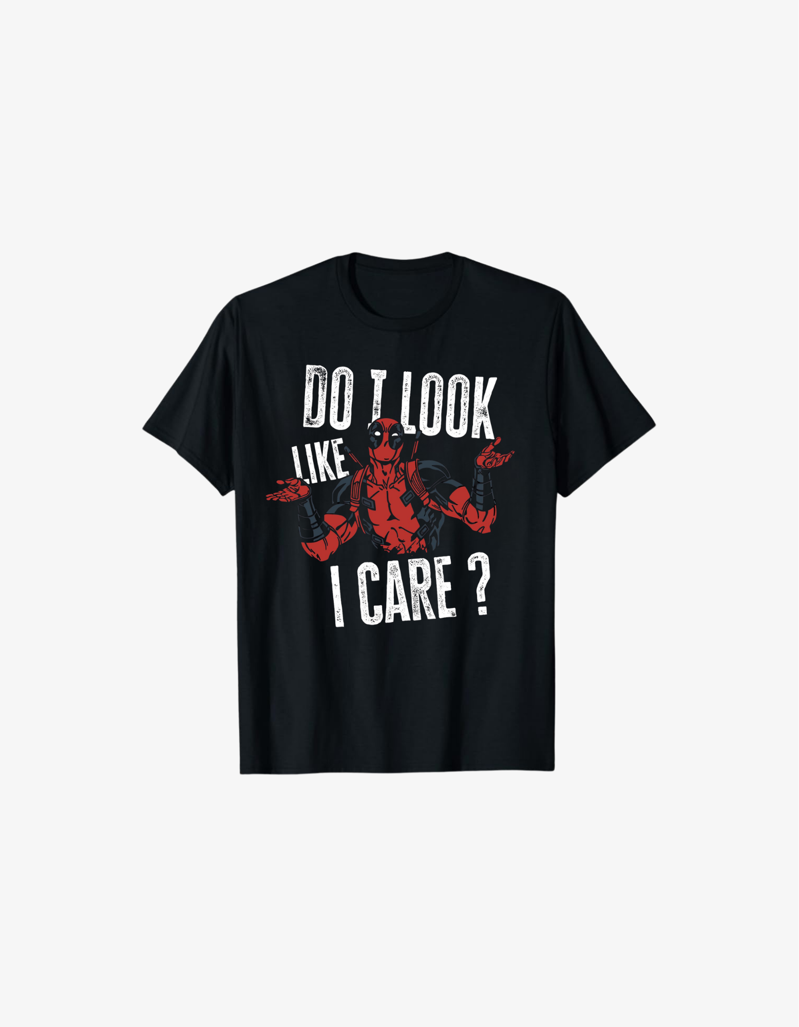 Black cotton T-shirt with comic style character shrugging and text reading Do I Look Like I Care humorous design