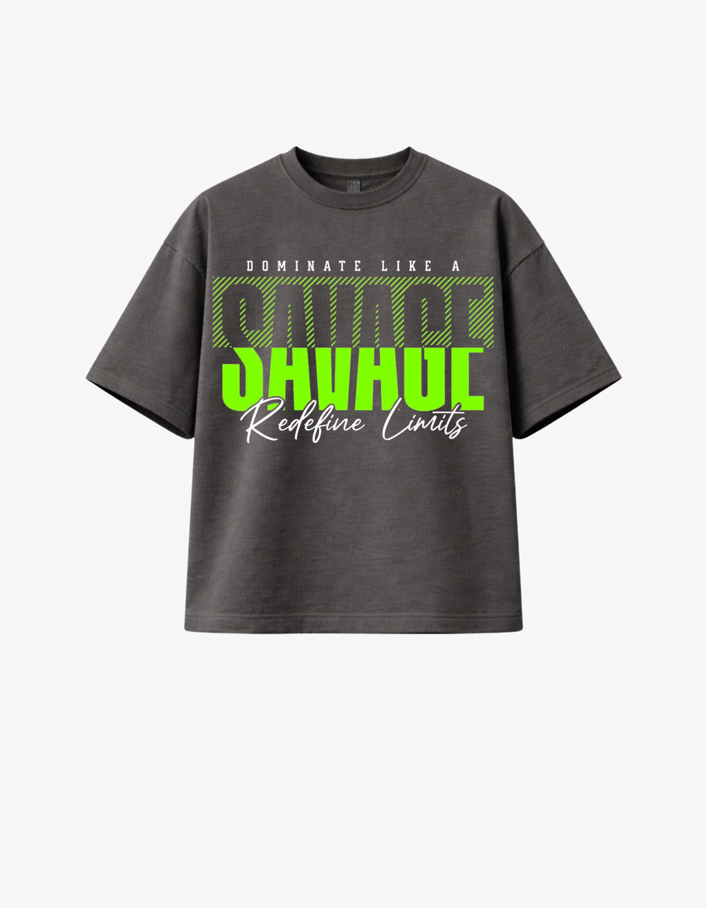 Dark grey 300 GSM boxy fit T-shirt with dominate redefine limits motivational fitness graphic printed in South Africa