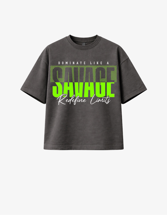 Dark grey 300 GSM boxy fit T-shirt with dominate redefine limits motivational fitness graphic printed in South Africa