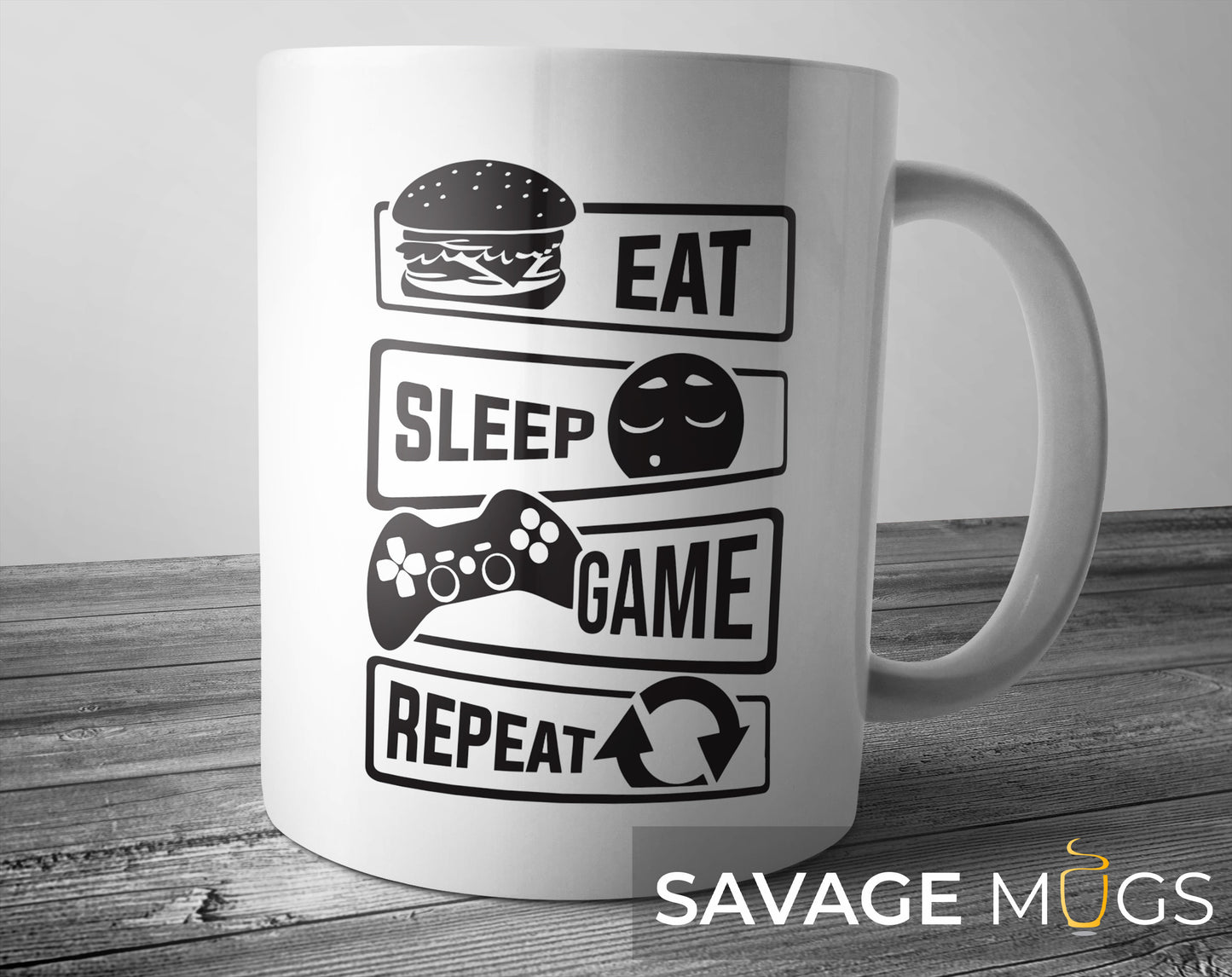 White ceramic mug with Eat Sleep Game Repeat gaming design and controller graphic