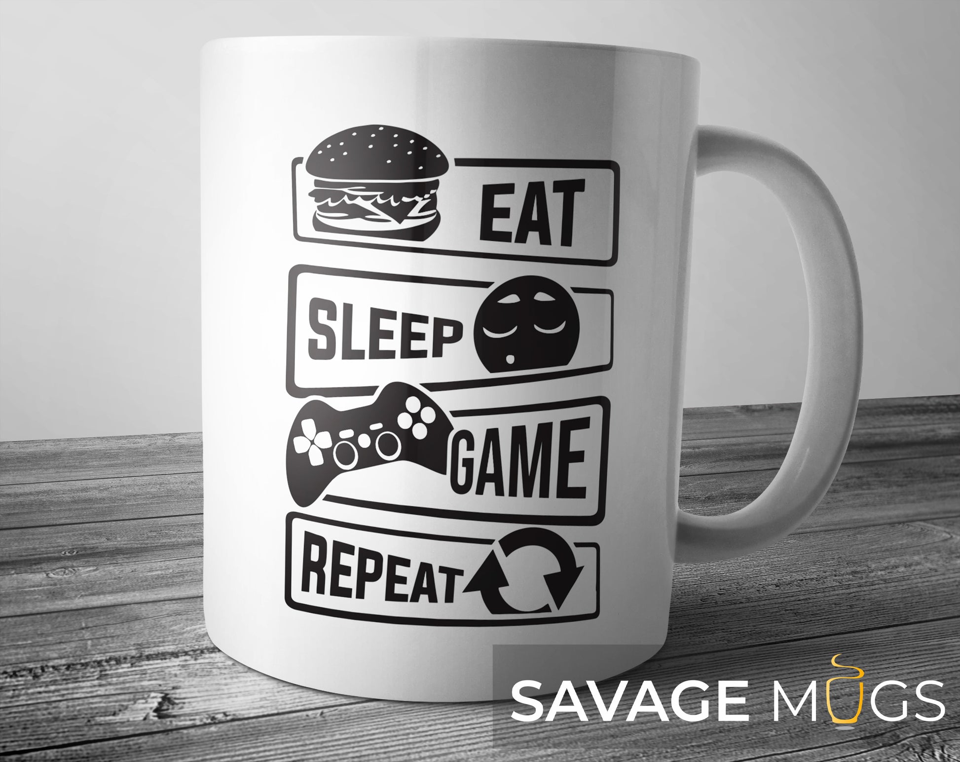 White ceramic mug with Eat Sleep Game Repeat gaming design and controller graphic