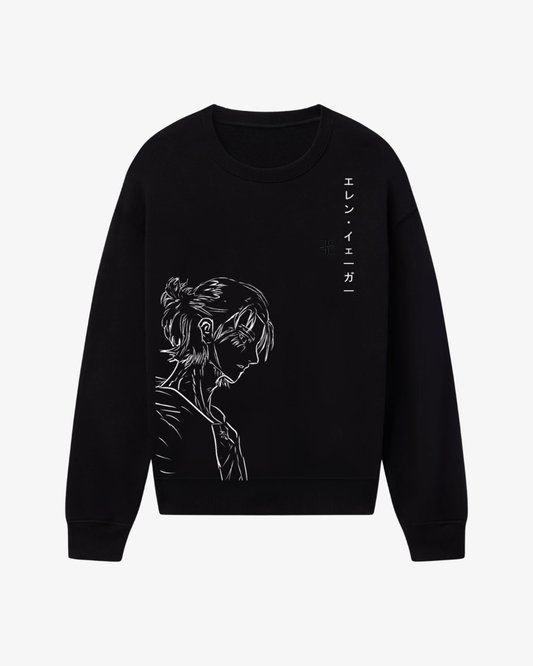 Black anime sweatshirt featuring minimalist line art character design with vertical Japanese text