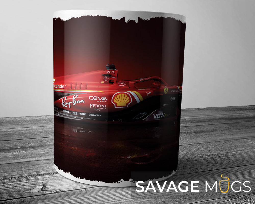 White ceramic mug featuring a Ferrari Formula One racing car design