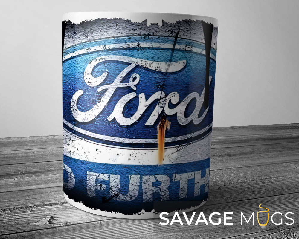 White ceramic mug featuring Ford logo with vintage grunge automotive design