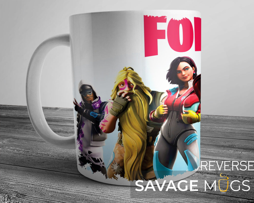 White ceramic mug with Fortnite inspired battle squad gaming design