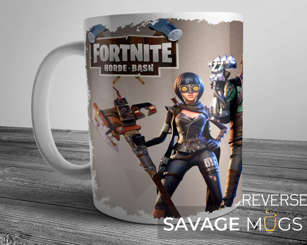 White ceramic mug with Fortnite Horde Bash gaming artwork design