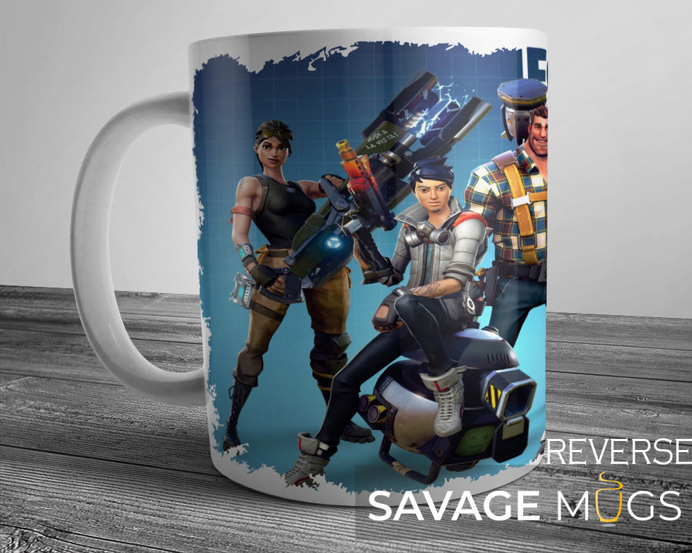 White ceramic mug with Fortnite inspired squad gaming character design
