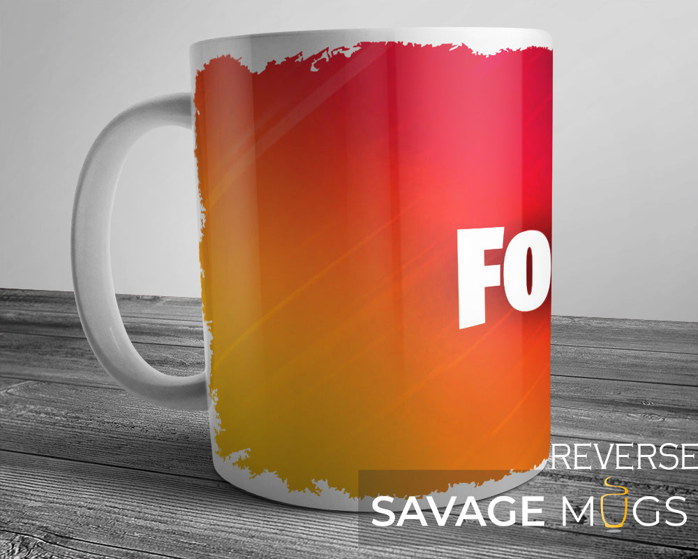 White ceramic mug with red gradient Fortnite inspired gaming design