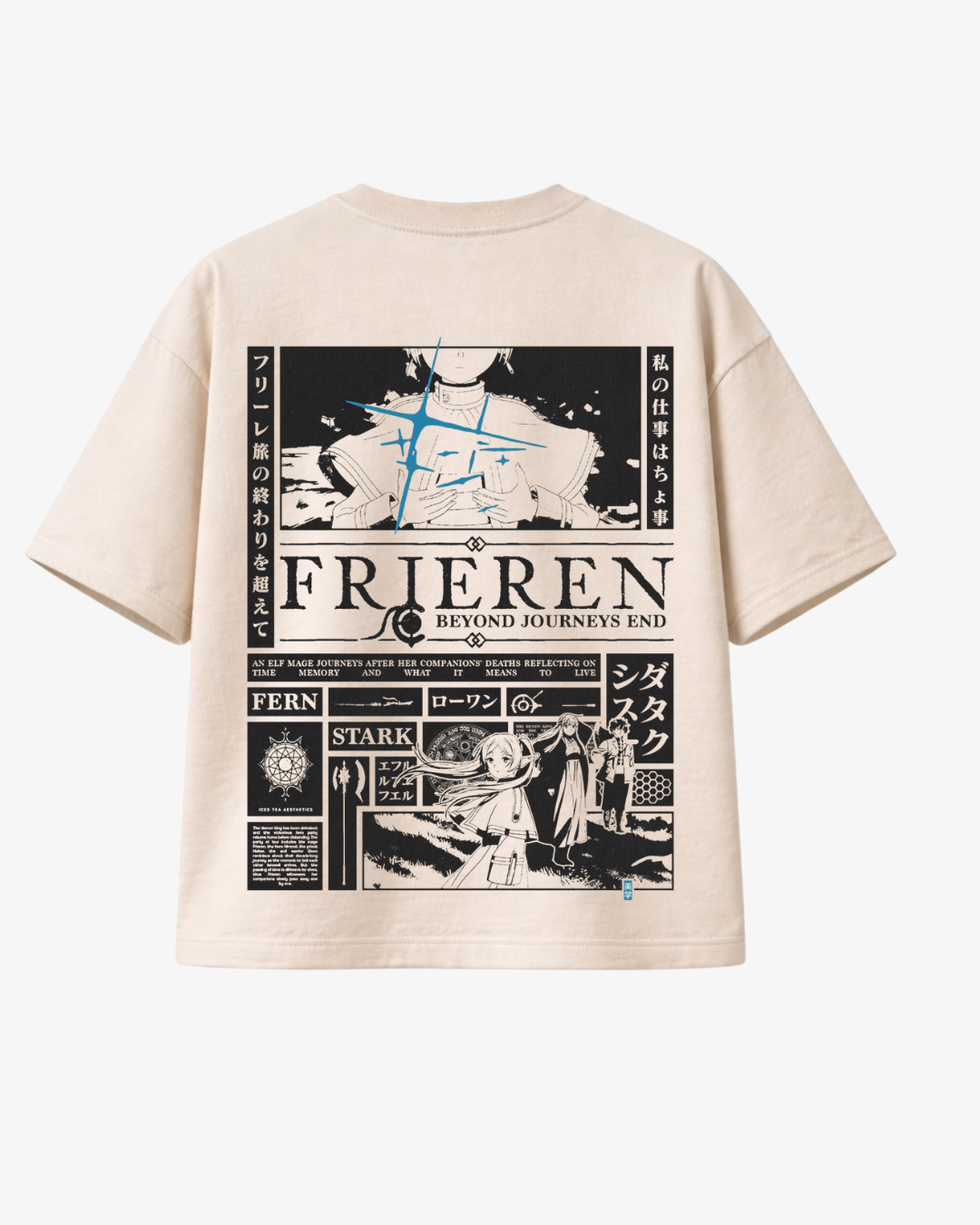 Beige boxy anime t-shirt featuring Frieren manga panel design with Japanese text and minimalist aesthetic