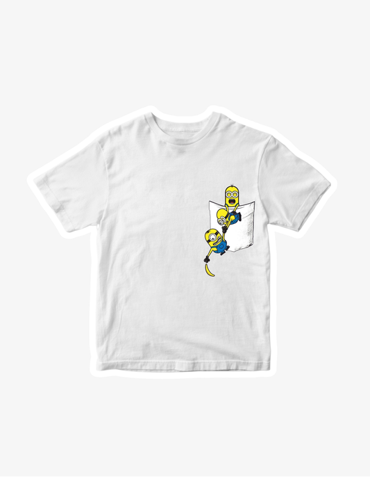 White T-shirt with small cartoon characters climbing out of a pocket while holding a banana graphic