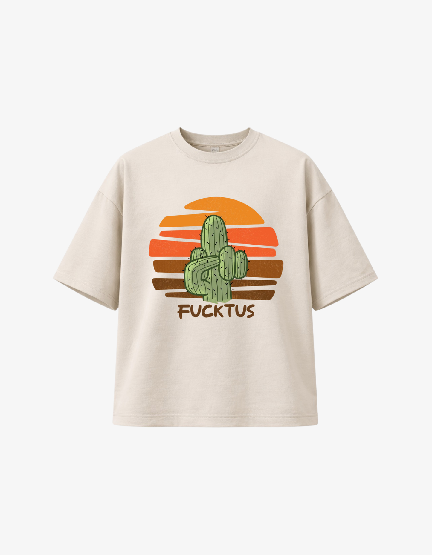 Beige 300 GSM boxy fit T-shirt with funny cactus middle finger graphic and Fucktus text printed in South Africa