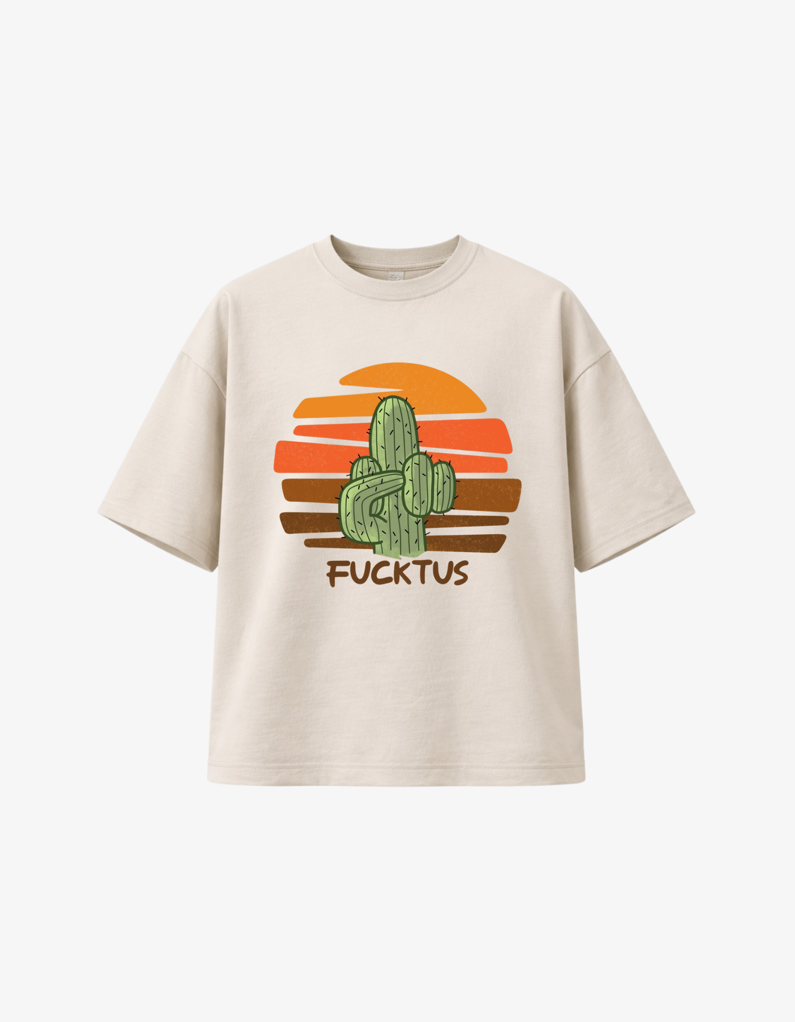 Beige 300 GSM boxy fit T-shirt with funny cactus middle finger graphic and Fucktus text printed in South Africa