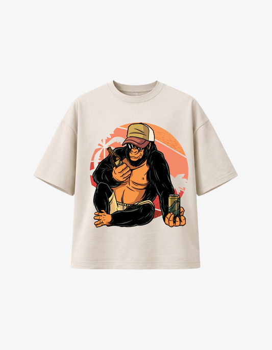 Beige 300 GSM boxy fit T-shirt with funny cartoon ape holding a drink graphic design printed in South Africa