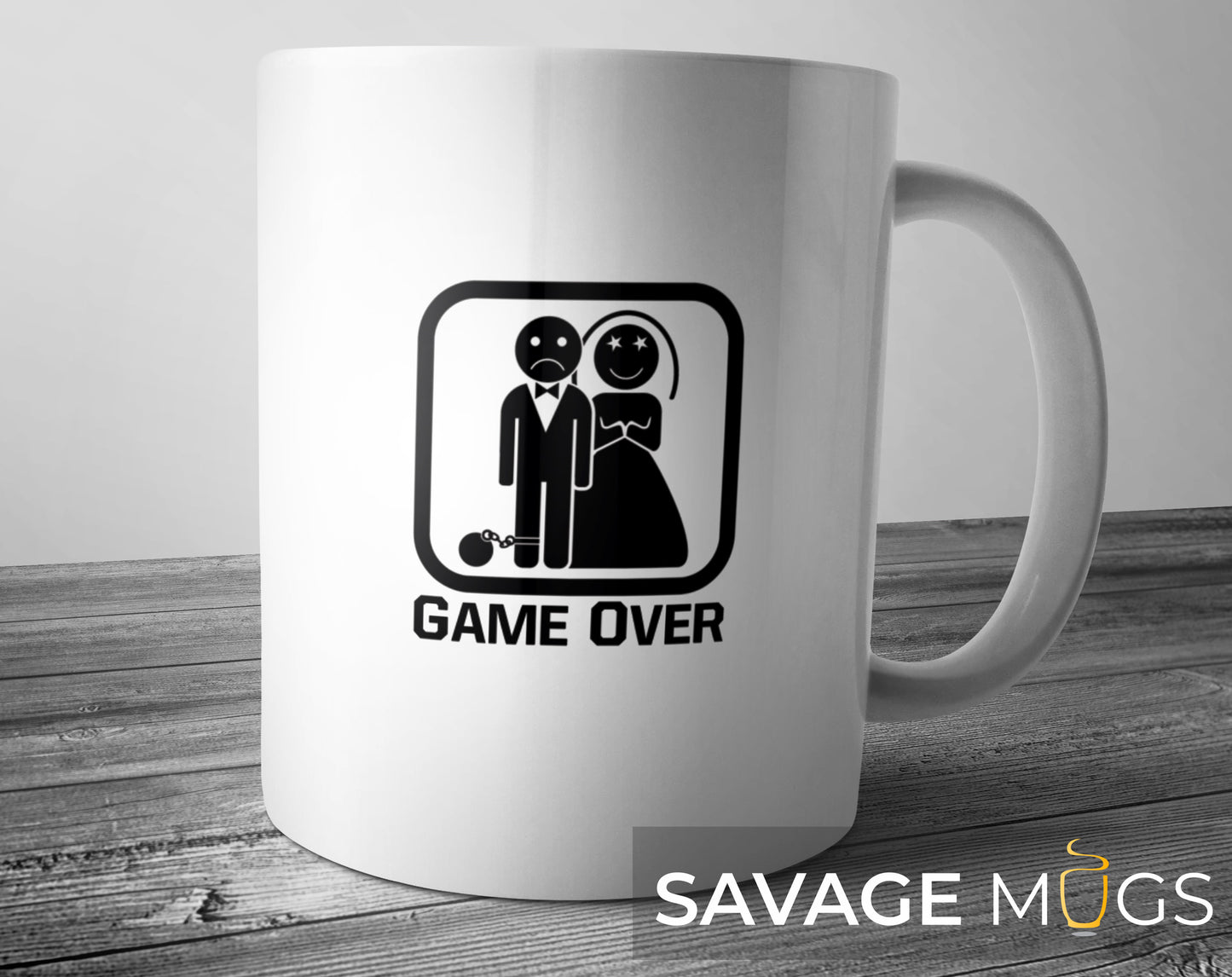 White ceramic mug with funny Game Over wedding graphic design