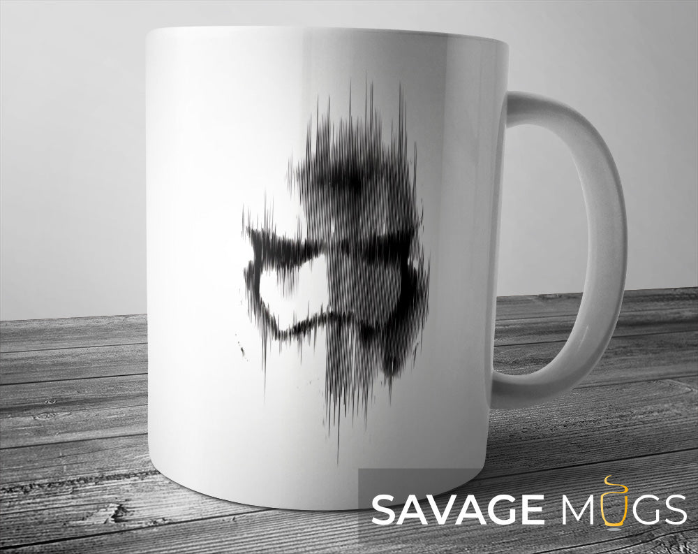 White ceramic mug with minimalist glitch style space trooper helmet design