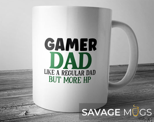 White ceramic mug with Gamer Dad Like a Regular Dad But More HP gaming design