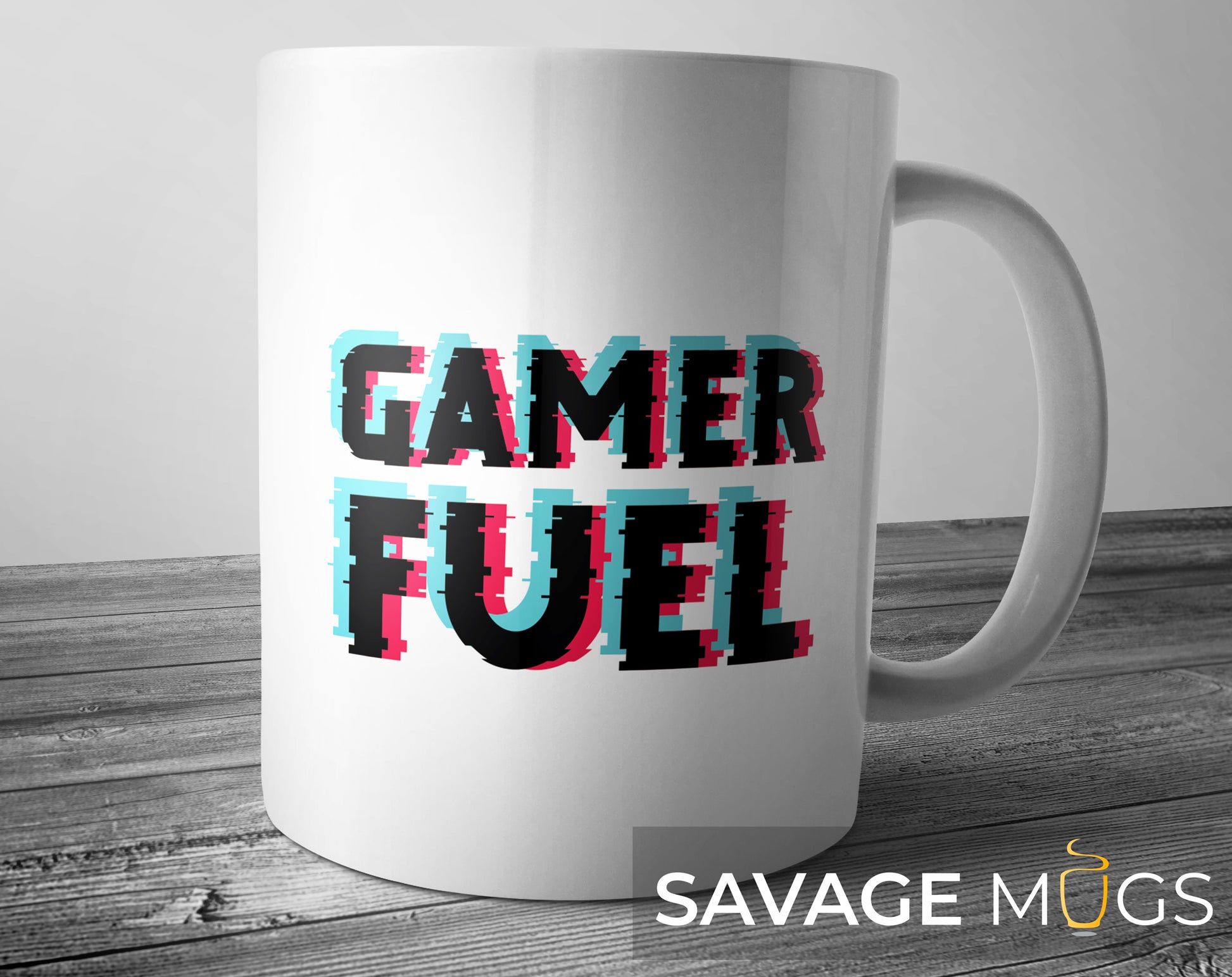 White ceramic mug with Gamer Fuel glitch-style gaming design